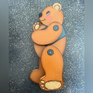 Vintage Wooden Hand-Carved Jointed Teddy Bear With Movable Limbs Hand Painted